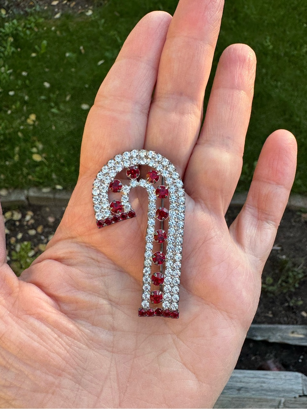 Crystal & Ruby Red Candy Cane Brooch - Rhinestones